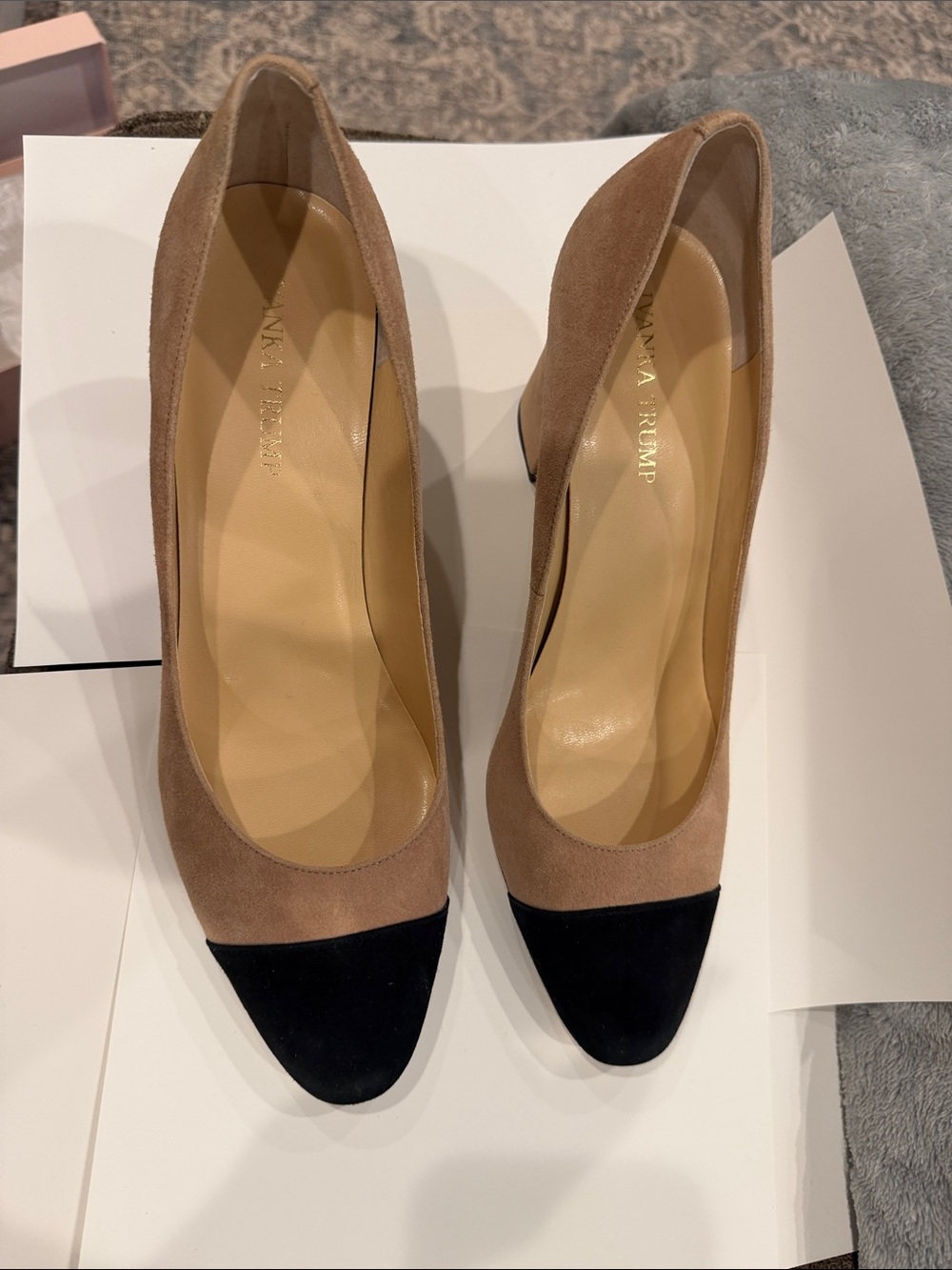 Ivanka Trump Tan Suede Pumps with Black Cap Toe